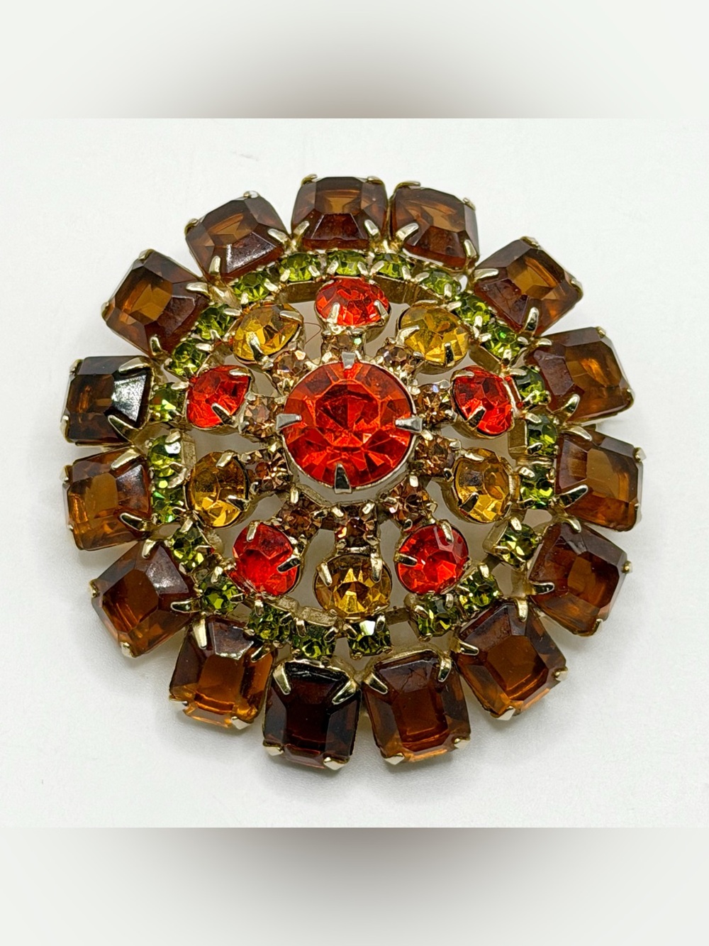 Ready For Fall Vintage Brooch Brown, Yellow, Orange, Grn Rhinestones Domed Pin